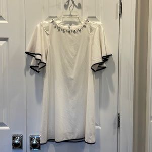 GB Girls blingy, cute dress Sz L, creamy white black trim, flouncy sleeves